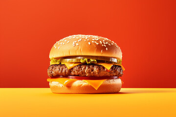 Delicious burger hamburger grill restaurant snack juicy bread meat develop digital effect fantasy futurism generative ai red background - obrazy, fototapety, plakaty