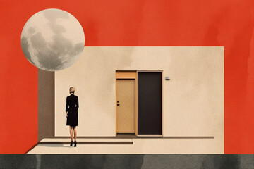 Composite collage generative ai artwork metaphor late nights moon woman back home after hard work day flat isolated over red background