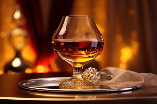Illustration of a glass of cognac on a silver tray created with generative AI