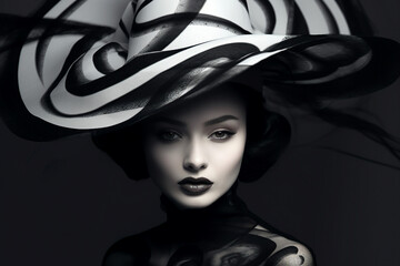 Collage generative ai modern technology picture of charming young lady elegance luxury white hat french fashion isolated on black background