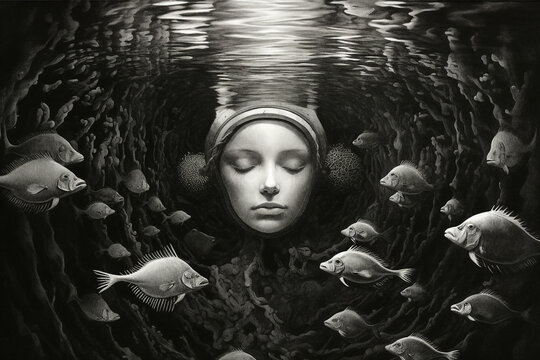 Photo artwork develop picture of lady head swimming under water black and white filter made with generative ai visual effect