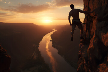 Fototapeta na wymiar A muscular man standing on an edge of a cliff . sunset view