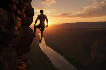 Fototapeta premium A muscular man standing on an edge of a cliff . sunset view