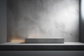 Light gray wall with a podium and beautiful lighting. Background for product presentation. Generative AI