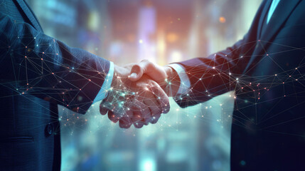 Double exposure image of investor business man handshake with partner with digital network link. Illustrative Generative AI. Not a real person. - obrazy, fototapety, plakaty
