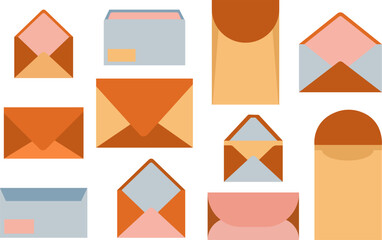 Envelope set of flat design vector illustrations, colored envelopes of different shapes on a white background