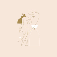 Female body vector illustration. Nude woman silhouette composition, geometric shapes feminine figure, boho colored contemporary design. Self care, body beauty concept for logo, branding. Modern art