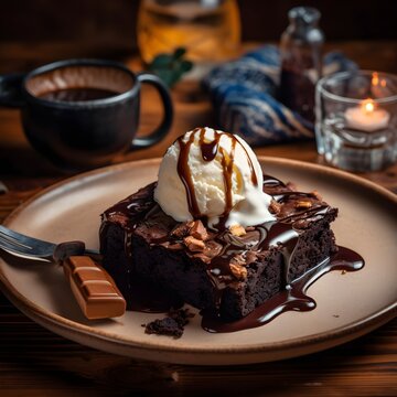 Realistic image of warm chocolate brownie and vanilla ice-cream topped with chocolate sauce. Chocolate, vanilla, ice-cream, brownie. Created with Generative AI Technology. 