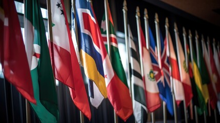 national flags line at the entrance to the UN - obrazy, fototapety, plakaty