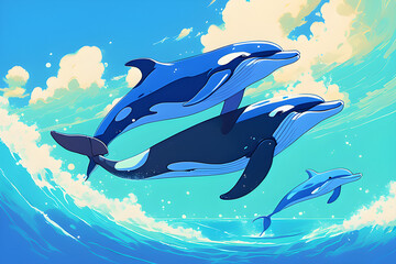 Naklejka premium blue-ocean-2-dolphin-swimming-in-the-air. Generative AI 