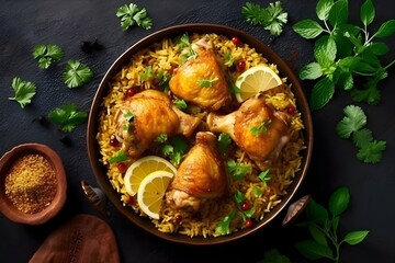 Flat lay top view of Chicken Biryani with chicken leg piece on top of utnesil. Chicken, biryani, rice dish, indian dish. Created with Generative AI Technology.