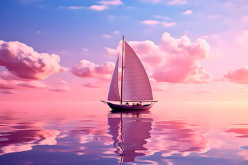 Fototapeta na wymiar A sailboat in the ocean with beautiful water and sky and clouds. The concept of freedom and peace.