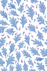 Watercolor paint seamless pattern of blue and purple leaves on white.