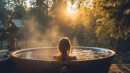 Woman is enjoying hot water in hot tub in a forest in a garden with beautiful sun, Generative AI - obrazy, fototapety, plakaty