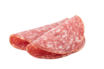 Two slices of delicious smoked sausage isolated on white background.