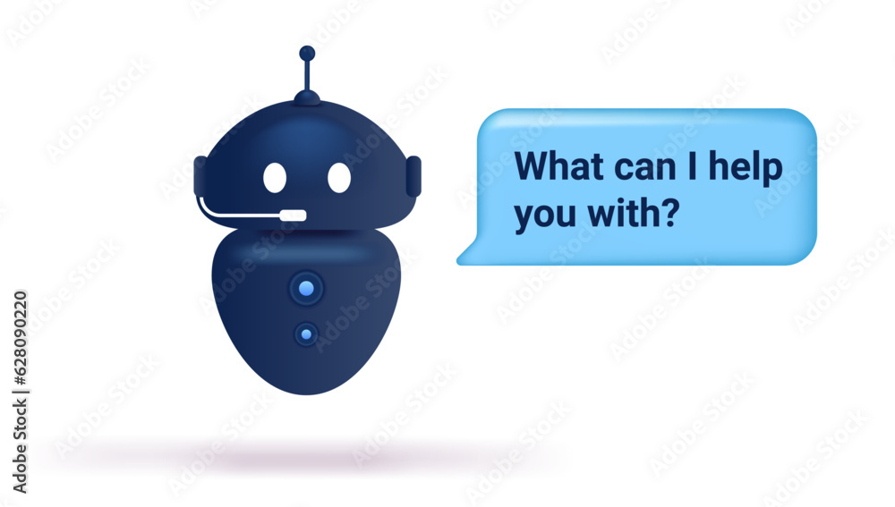 Fototapete chat bot character vector - illustration of robot assistant with speech bubble saying what can i hel