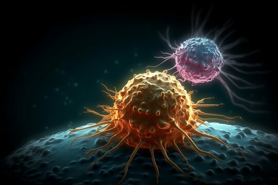 Cancer cell attacking another cell. Generative AI