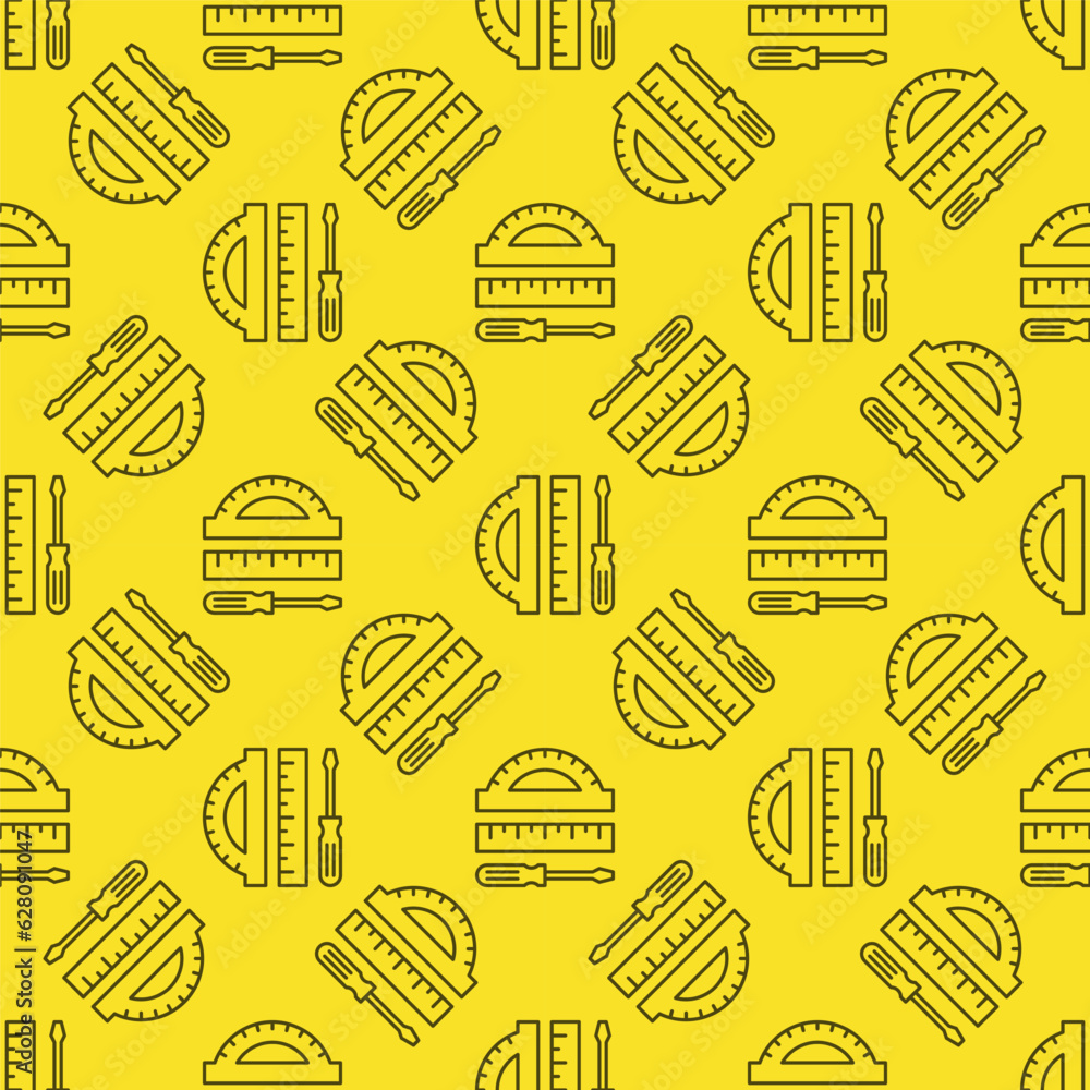 Poster ruler with screwdriver and protractor vector line yellow seamless pattern