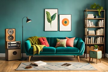 HOME INDOOR INTERIOR SOFA SET AND PAINTING ON WALL AI GENERATED