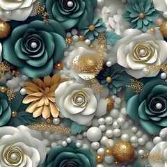 colourful 3d seamless wedding roses and glistening pearls patterns, teal, grey, wihte and gold...