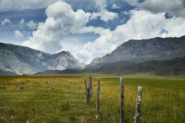Mountain valley and green rocky hill in Kazakhstan