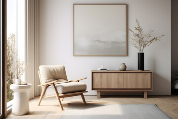 living room with table, chairs and wooden cabinets, scandinavian and minimalist room design with wooden accessories