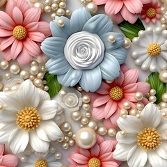 colourful 3d seamless flowers with wedding flowers and pearls patterns on a white background