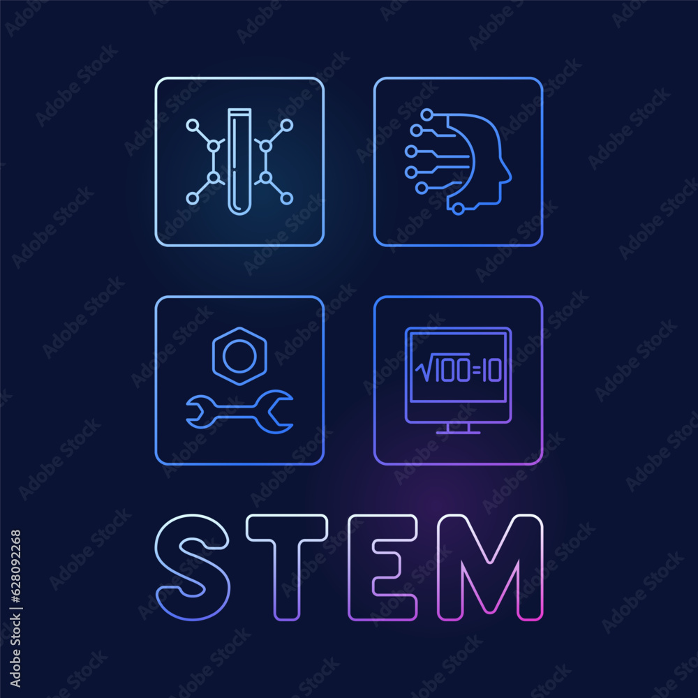 Poster stem science line concept colored square banner with 4 signs - science, technology, engineering and 