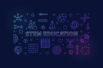 STEM Science, Technology, Engineering, Mathematics Education thin line concept colorful horizontal banner - vector Illustration