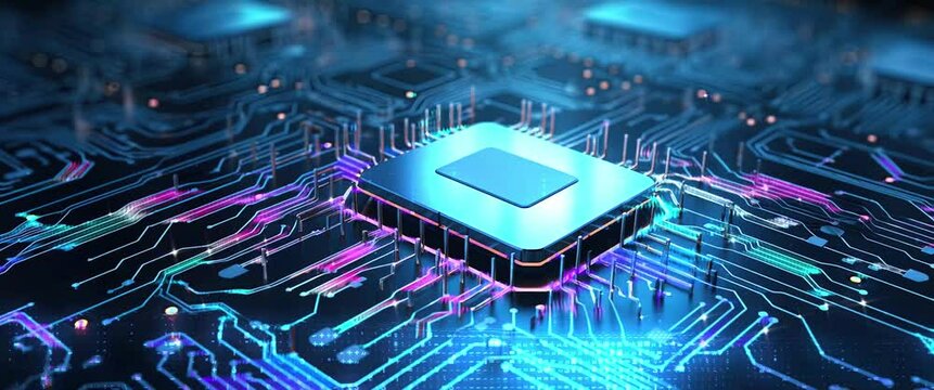 Futuristic Technology Background. Data flow in a motherboard in pc. Processor among circuits and electronics. CPU