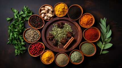 Obraz na płótnie Canvas Top view spices and herbs on dark background, Generative AI