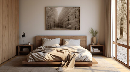 Wooden bedroom and canvas over bed with linens, beige walls and window, Generative Ai