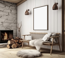 Mockup frame elegantly placed in a Scandinavian farmhouse living room interior, 3D render. Made with Generative AI technology