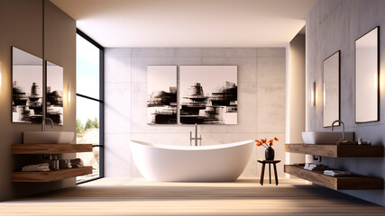 Bathroom interior with a white bathtub in minimalism style.