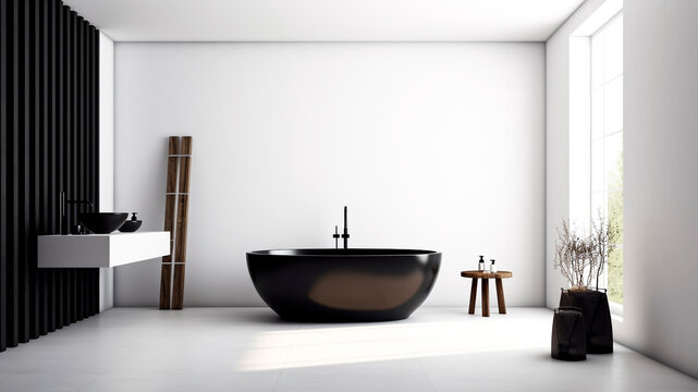 A minimalist bathroom adorned with sleek and comfortable black bathtub.