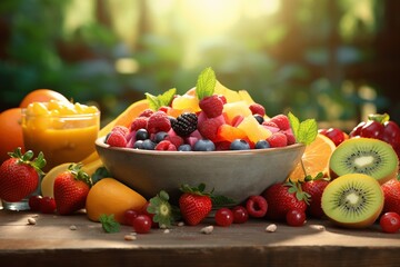Healthy food photography in fresh colorful fruit bowls, Generative AI
