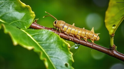 Fototapeta premium Caterpillar Bedstraw Hawk Moth crawls on a branch during the rain. Caterpillar (Hyles gallii) the bedstraw hawk-moth or galium sphinx, Generative AI