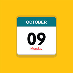 monday 09 october icon with yellow background, calender icon