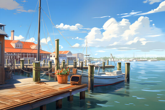 several boats pulled up to the beach pier, the weather was sunny during the day, anime stlye