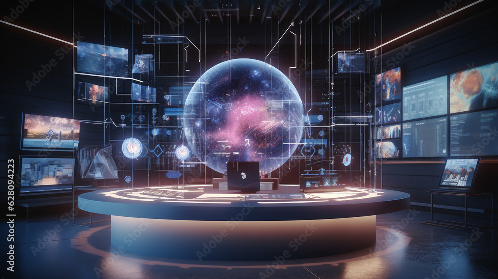Poster create a futuristic trading office with holographic price charts floating in mid-air, surrounded by 