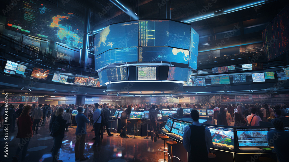 Aufkleber capture an aerial view of a bustling trading floor, with traders surrounded by towering screens disp