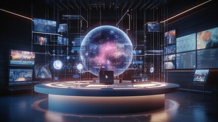 Fototapeta premium Create a futuristic trading office with holographic price charts floating in mid-air, surrounded by minimalist and sleek design elements Generative AI