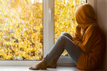 Lonely Stressed Depressed Sad Unhappy Teenager Girl Feels Alone at Home. Help Teen Problem. Bad...