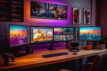 Illustration of a desk with three monitors and a keyboard in a modern office space, created using generative AI