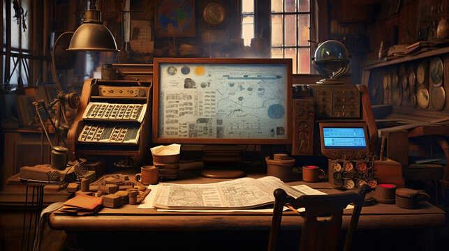 Illustrate a vintage trader's desk adorned with antique tools, where a trader studies price charts with a sense of nostalgia and sophistication Generative AI