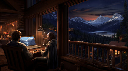 Create a cozy mountain retreat trading station, with a trader using a tablet to analyze price charts while nestled in a log cabin Generative AI