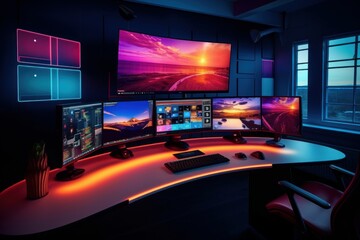 Illustration of a desk with three computer monitors and a keyboard, created using generative AI