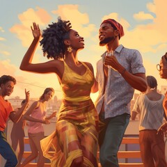 Happy young African couple dancing on the party. Generative AI.