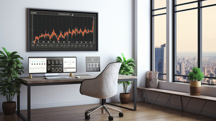 Create a minimalistic trader's workspace, with a single large screen displaying a captivating abstract price chart Generative AI