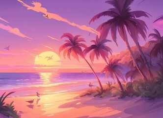 Fototapeta na wymiar sunset on the beach in pink shades